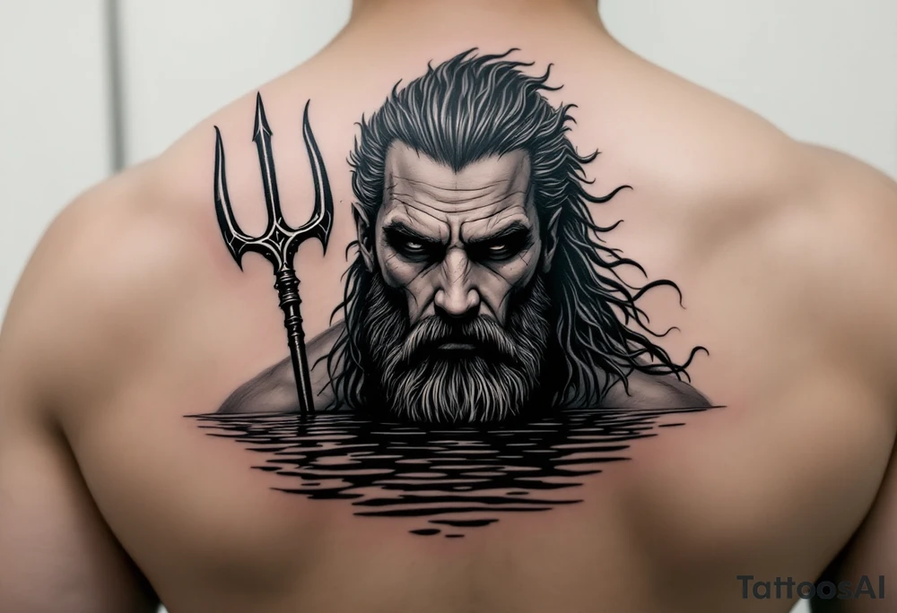 poseidon with trident half way in calm water tattoo idea