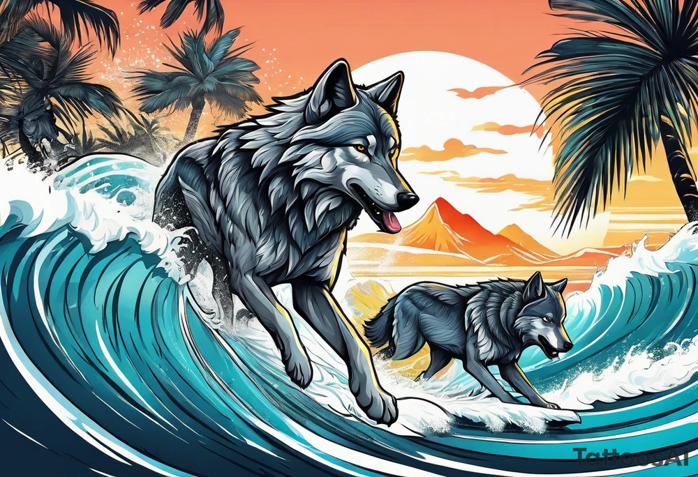 a pack muscular of gray wolves surfing with a tropical background tattoo idea
