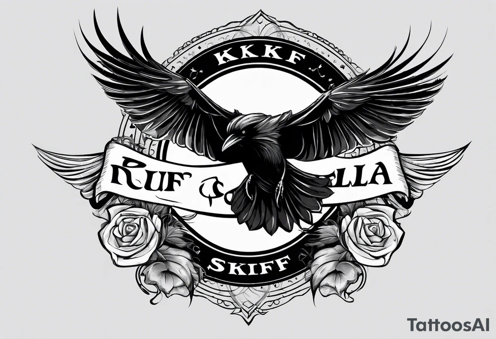 A raven and a butterfly flying together. 
In the background is the name Malia.
In the background is the name SKF.
The number 89 can be seen in the background.
There is also a scorpion in the wing of the butterfly. tattoo idea