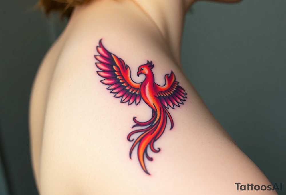 Square, phoenix rising from fire with both wings opened, colors red, pink, orange and purple. tattoo idea