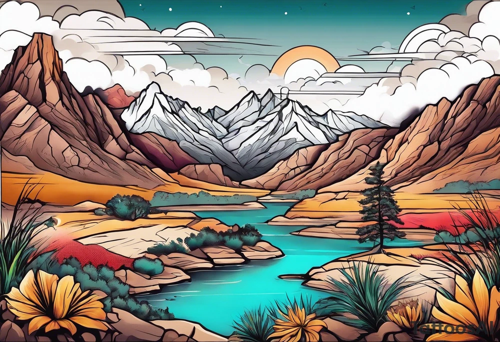 Forearm tattoo with southwest landscape and hikers tattoo idea