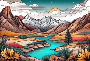 Forearm tattoo with southwest landscape and hikers tattoo idea