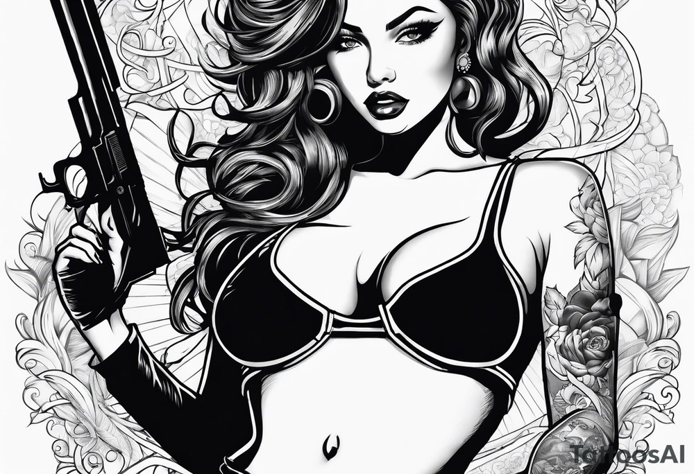 sexy lady holding a gun in mini shorts and bra blowing the gun while it’s smoking, the words “lady killer” beside it, a y2k inspired tattoo tattoo idea