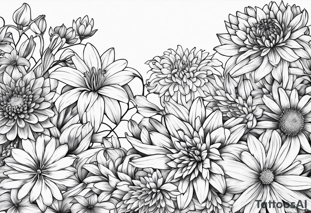 Asters, lillies, and chrysanthemums in a long line tattoo idea