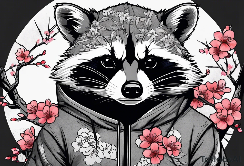 Raccoon wearing a Superman hoodie and Japanese cherry blossoms tattoo idea