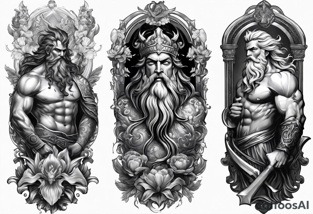 Full fattoo sleeve with Zeus, Poseidon and Hades. tattoo idea