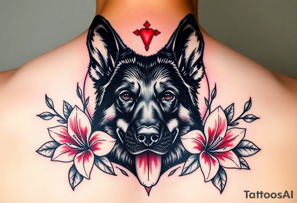 realistic german shepherd floral lilies watercolour style colourful in front of a sacred heart tattoo idea