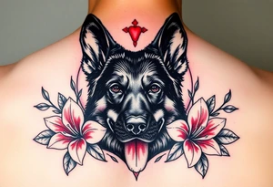 realistic german shepherd floral lilies watercolour style colourful in front of a sacred heart tattoo idea