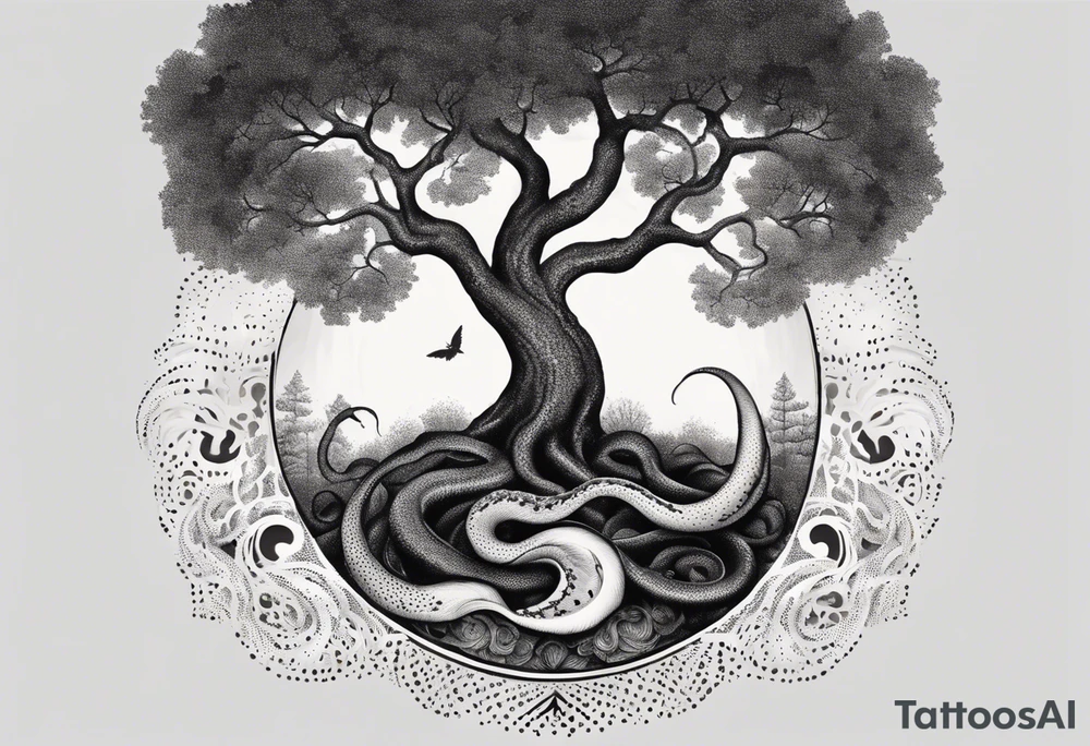 A tree reaching the sky with the roots reaching hell, having a snake around it. All based on Carl Jung ideas. tattoo idea