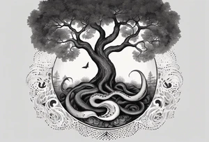 A tree reaching the sky with the roots reaching hell, having a snake around it. All based on Carl Jung ideas. tattoo idea