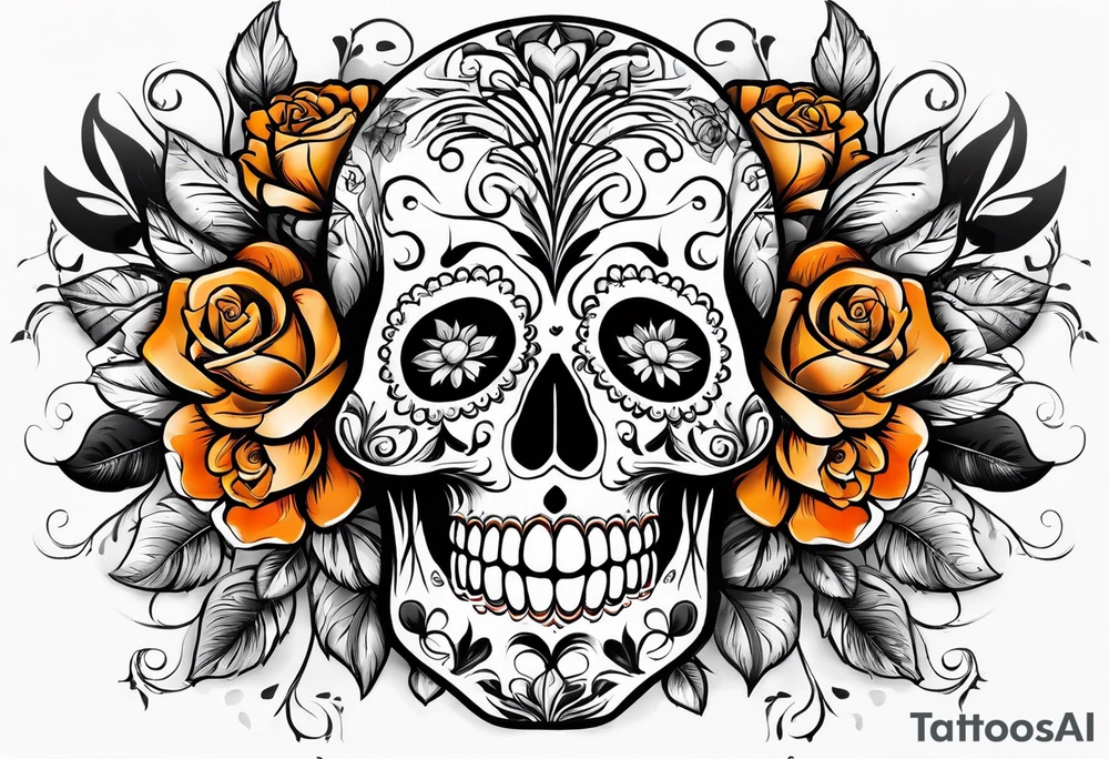 Sugar skull with roses that are orange and black tattoo idea