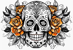 Sugar skull with roses that are orange and black tattoo idea