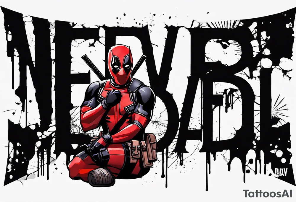 Banner with Text: A worn, dark banner wraps around Deadpool with the phrase "NEVER DEAD" in bold, cracked letters that give a strong and aggressive impression. The banner has small torn details, as if it’s been through rough conditions, with shading that adds depths. tattoo idea
