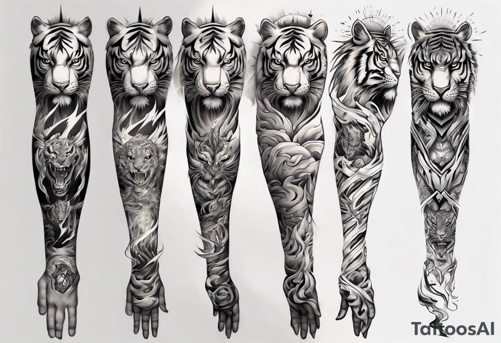 Tiger Warrior sleeve tattoo with lightning and the sun
Forearm sleeve tattoo idea