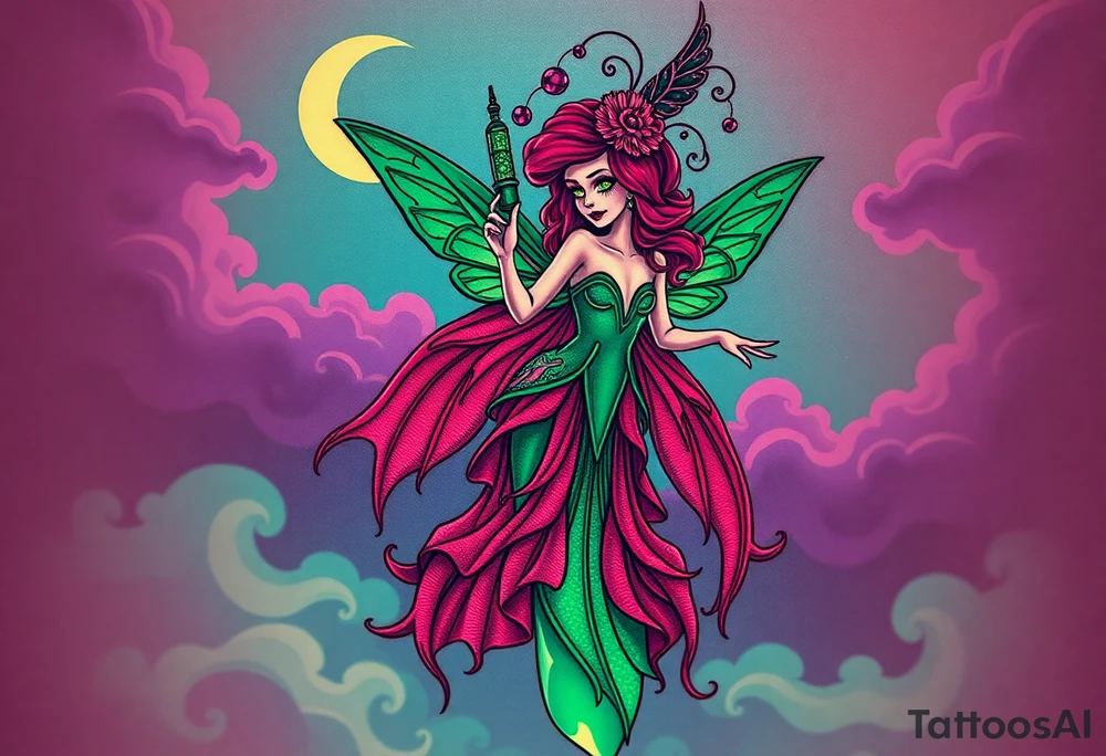 Tim Burton’s kelly doty pin up style Vintage Parisian elegant and hauntingly beautiful yet eerie full body absinthe Green Fairy dances outside her victorian crystal decatur she was once inside this elaborate ornate bottle absinthe bottle Absinthe Art Nouveau   and dripping with muted reds, dusty pinks, and eerie green glow.purple and cyan smokey clouds swirl in the crescent moonlit sky thats sprinkled with stars tattoo idea