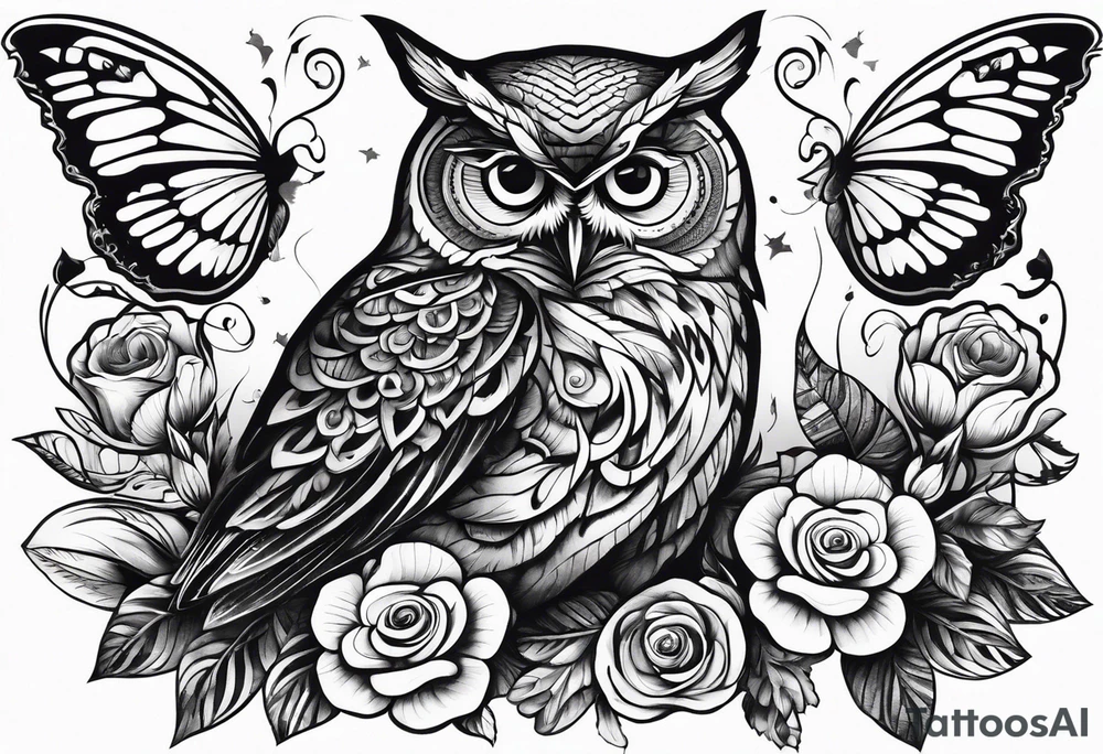 Flowers with butterflies and a owl tattoo idea