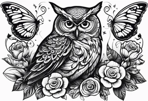 Flowers with butterflies and a owl tattoo idea