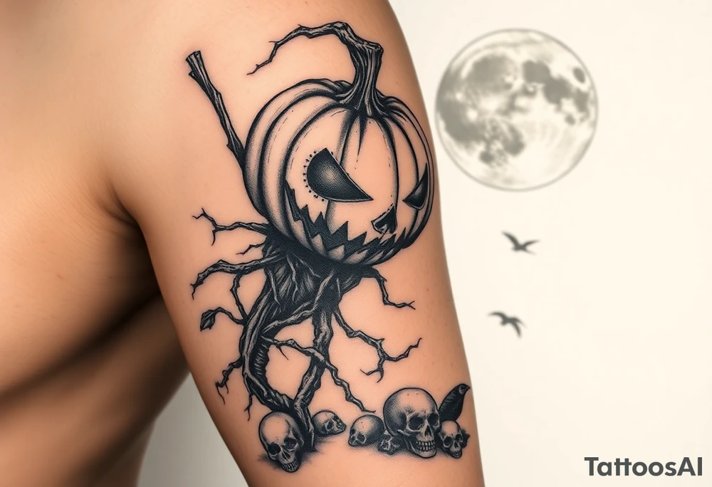 powerful realistic pumpkin head sentinel with vine and stick body, surrounded by fog, faded moon in the upper right background with ravens and skulls at the base tattoo idea