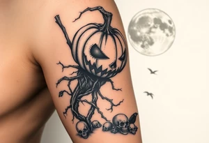 powerful realistic pumpkin head sentinel with vine and stick body, surrounded by fog, faded moon in the upper right background with ravens and skulls at the base tattoo idea