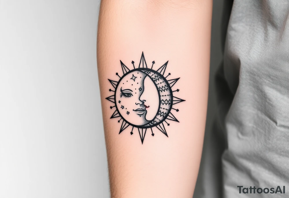 celestial sun and moon embrace with constellation patterns tattoo idea