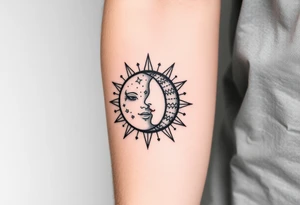 celestial sun and moon embrace with constellation patterns tattoo idea