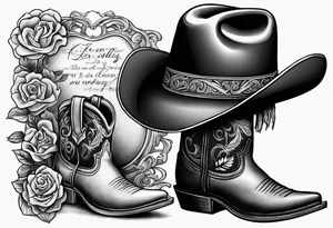 worn cowboy hat and lasso and boots with scroll letter next to it “with a dream in my eye and a prayer in my heart” tattoo idea