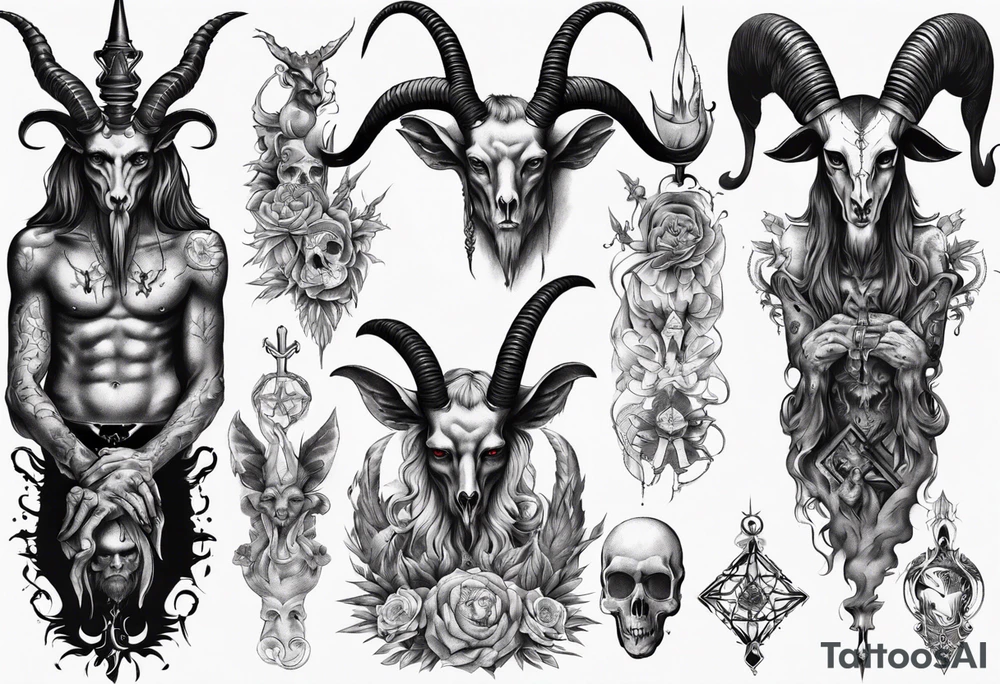 Baphomet sleeve high contrast human like tattoo idea