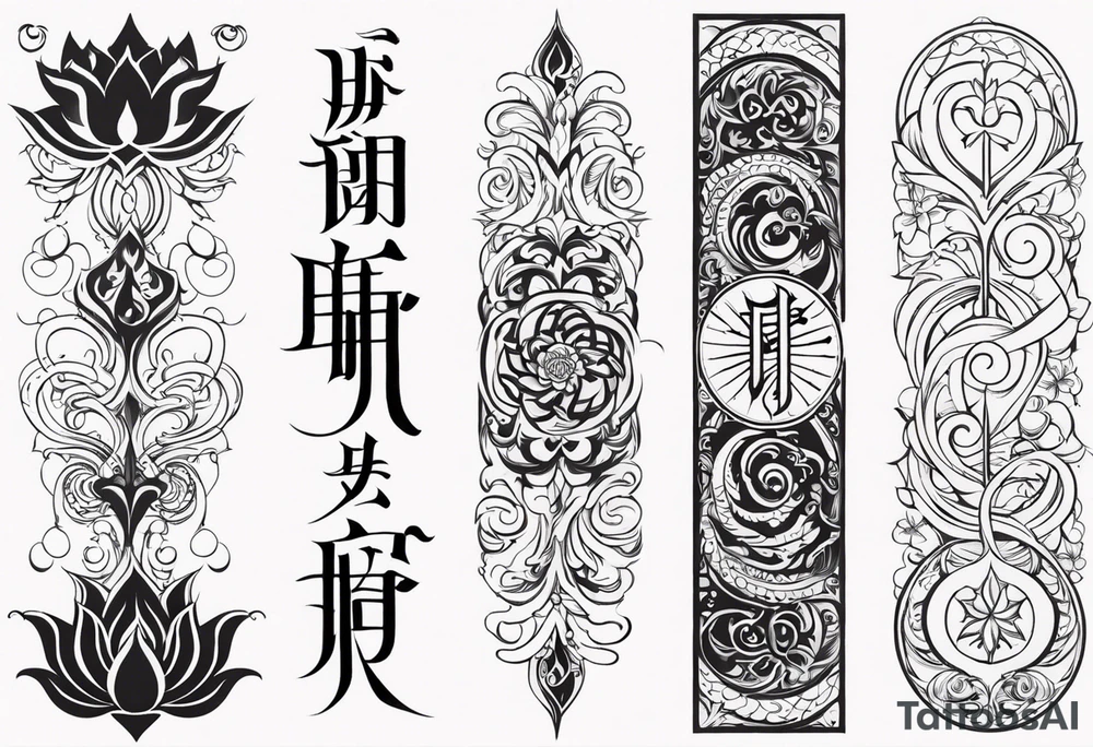 one vertical tattoo that combines lotus flower, phoenix and helix, strength and resilience symbols tattoo idea