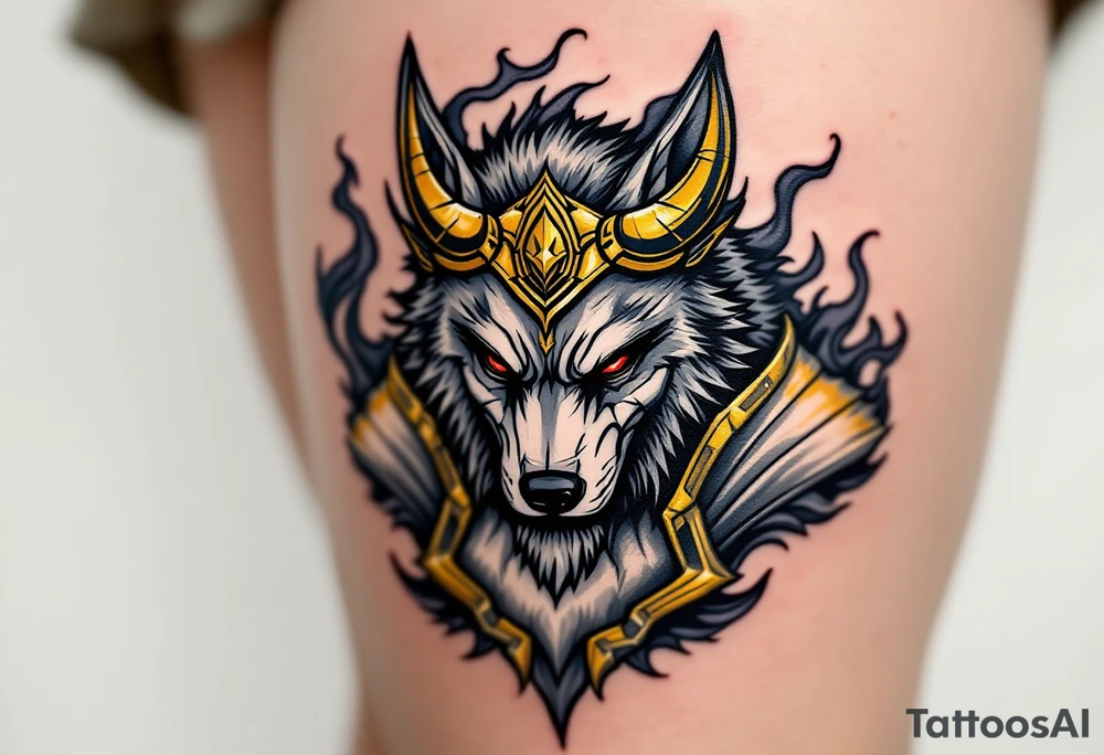 Radegast – A fierce warrior god with a wolf head, wearing a golden horned helmet, his armor shimmering in silver-gray, with blood-red eyes and smoke behind. tattoo idea