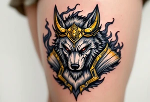 Radegast – A fierce warrior god with a wolf head, wearing a golden horned helmet, his armor shimmering in silver-gray, with blood-red eyes and smoke behind. tattoo idea