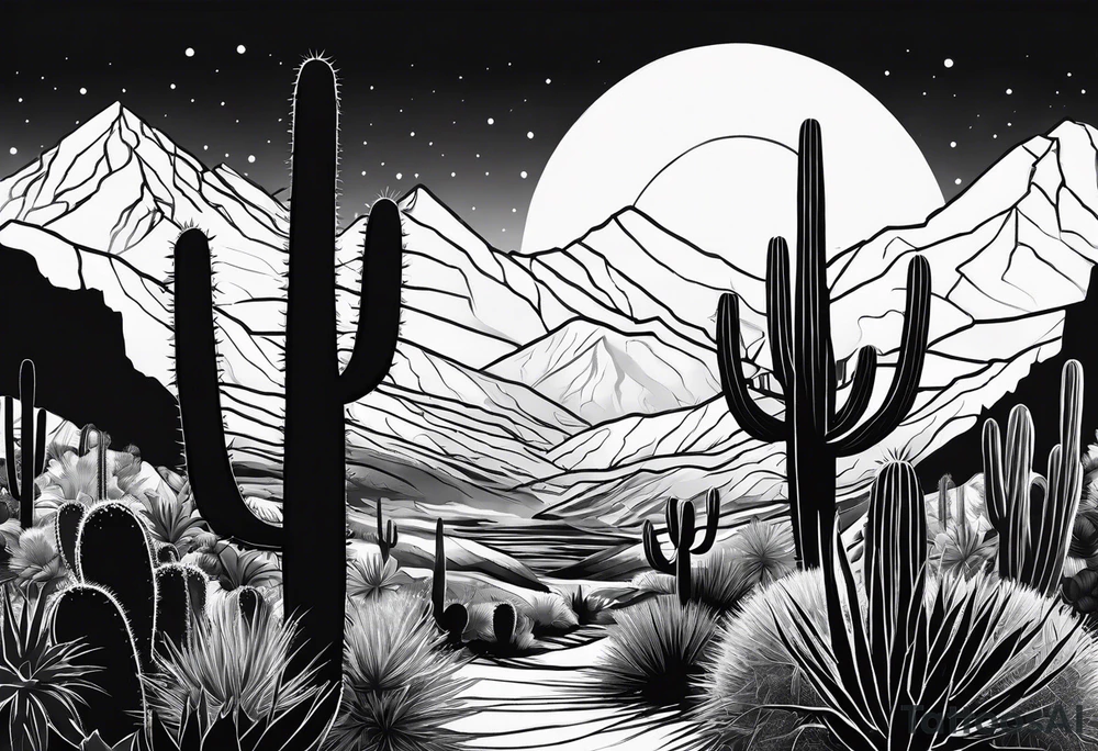 Mountains, cactus, silhouette of man and woman tattoo idea