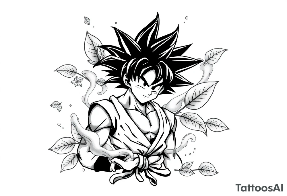 Tattoo design of Son Goku with smoke flowing through his body, surrounded by leaves in negative space effect, featuring soft shading around the edges and dotwork shading inside, with multiple contrast levels throughout. Highly detailed, intricate design with dynamic composition, emphasizing the interaction between the smoke and character, with the negative space leaves creating depth and balance. Professional tattoo art style with clean lines and sophisticated shading techniques. tattoo idea