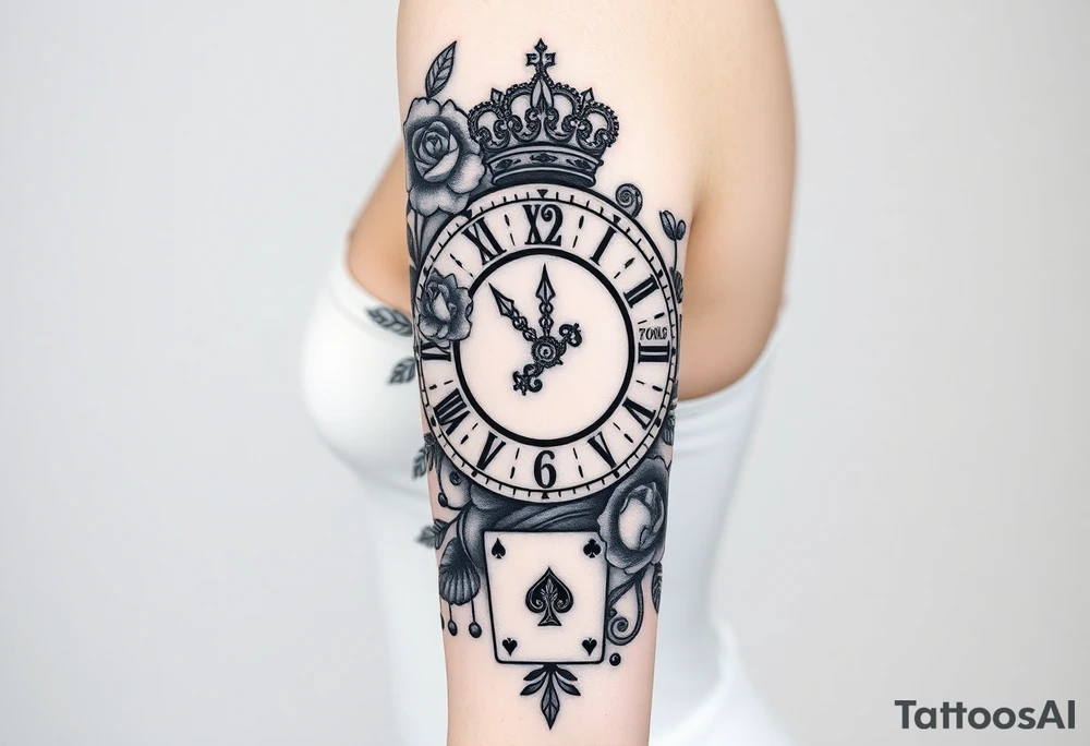 Roman clock with roses and a crown,  a quote that says nothings forever. and on the bottom a deck of cards tattoo idea