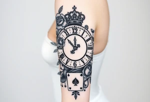 Roman clock with roses and a crown,  a quote that says nothings forever. and on the bottom a deck of cards tattoo idea