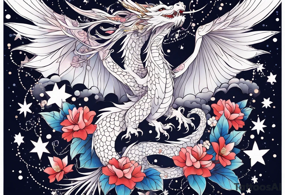 Constellation, wing , snow , cross , dragon female japan kawaii , flower tattoo idea