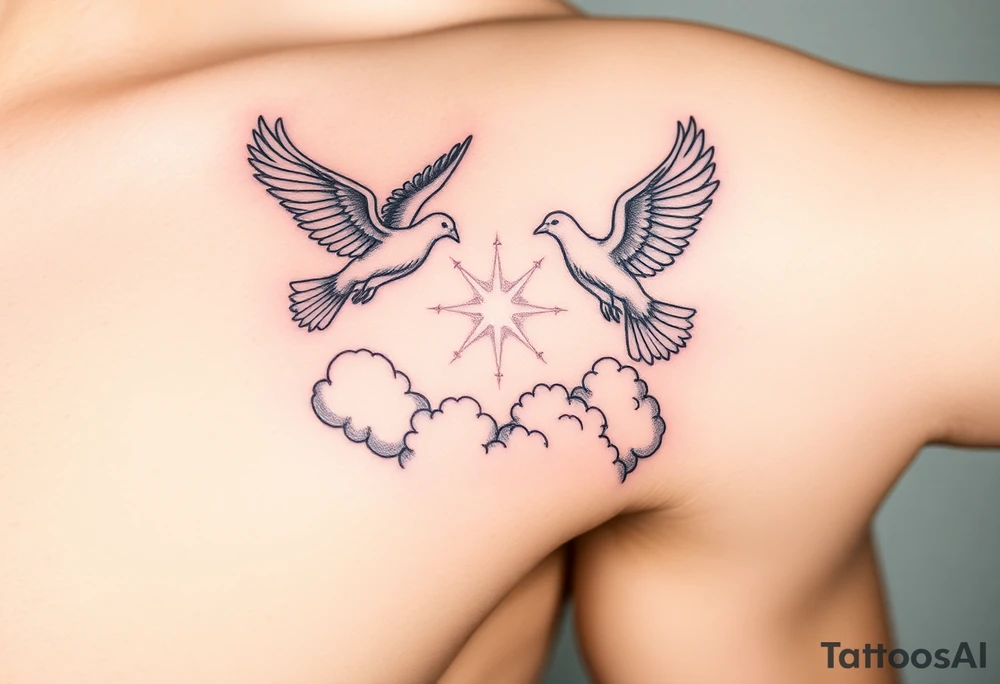 Doves, clouds, shining light to or from heaven tattoo idea Doves, clouds, shining light to or from heaven tattoo idea