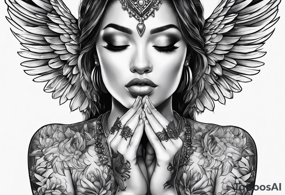 Hands praying, wings, Leah name tattoo idea