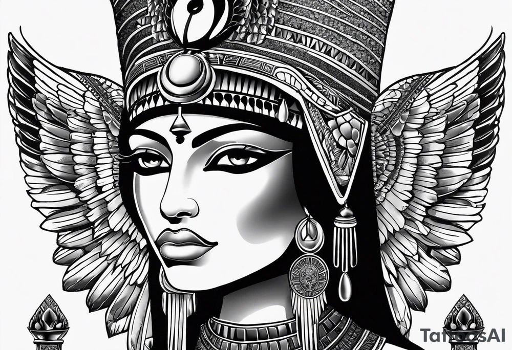 black and white Egyptian goddess Isis, who is often depicted as a woman with outstretched wings, holding an ankh (a symbol of life) in one hand and a lotus flower in the other. Her headdress often includes a throne or a solar disk. The tattoo design can vary in style and size, but it typically aims to capture the essence of this revered Egyptian deity, emphasizing her beauty, power, and maternal qualities. The choice of colors and additional elements can also be customized to create a unique and visually striking representation of the goddess Isis tattoo idea