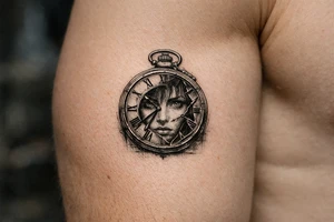 Large pocket watch, Margo's face peering through the glass. tattoo idea
