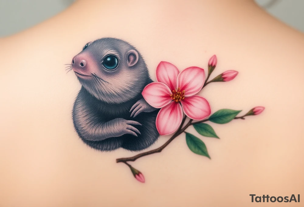 mole holding a delicate pink cherry blossom, with gentle pastel tones and a dreamy aesthetic tattoo idea