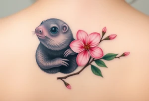 mole holding a delicate pink cherry blossom, with gentle pastel tones and a dreamy aesthetic tattoo idea