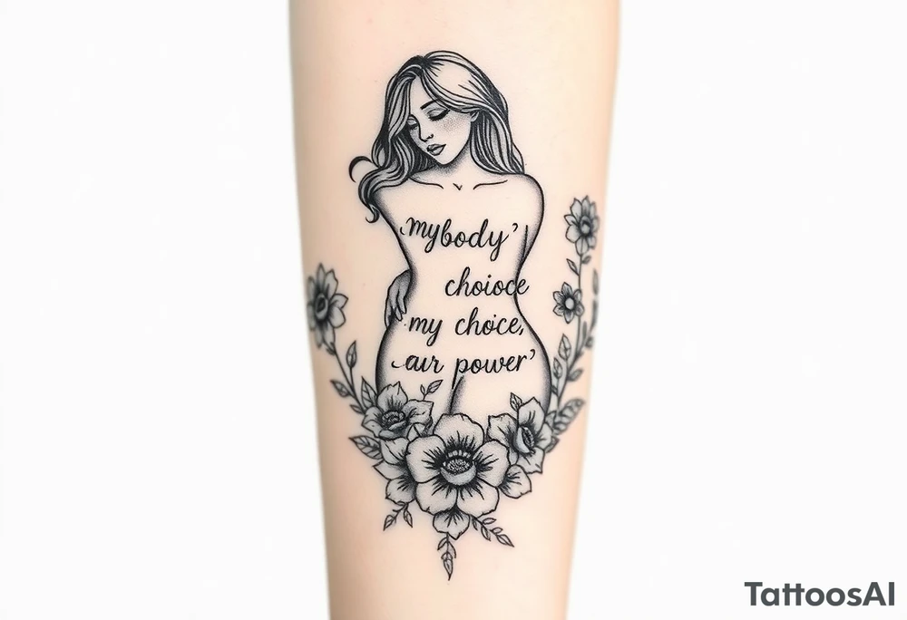 My body, my choice, my power, my voice inside the outline of a Curvy, tattooed woman's body in a frame of flowers tattoo idea