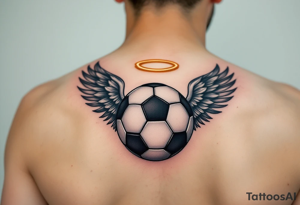 A black and gray soccer ball with angel wings and a golden halo above. tattoo idea