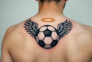 A black and gray soccer ball with angel wings and a golden halo above. tattoo idea