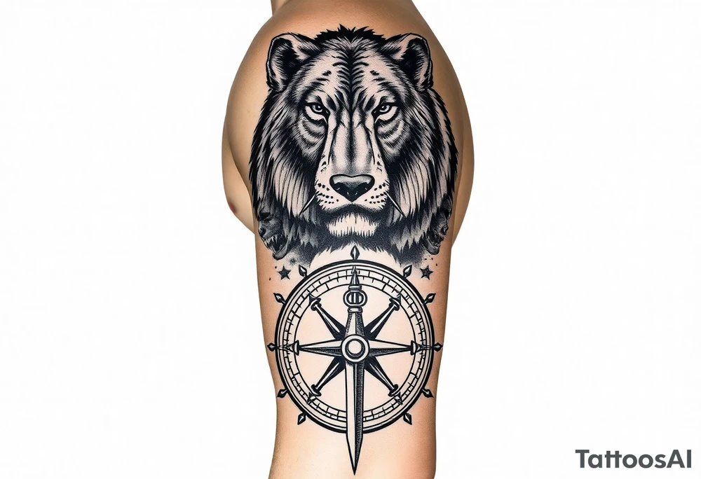 stacked wolf, bear, lion, faces; surrounded by a broken old school compass with anchor on the bottom tattoo idea