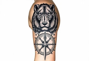 stacked wolf, bear, lion, faces; surrounded by a broken old school compass with anchor on the bottom tattoo idea