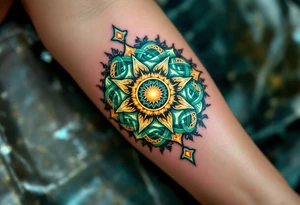 This golden Celtic sun, with emerald green knotwork, glows like an ancient druidic emblem on the forearm. tattoo idea