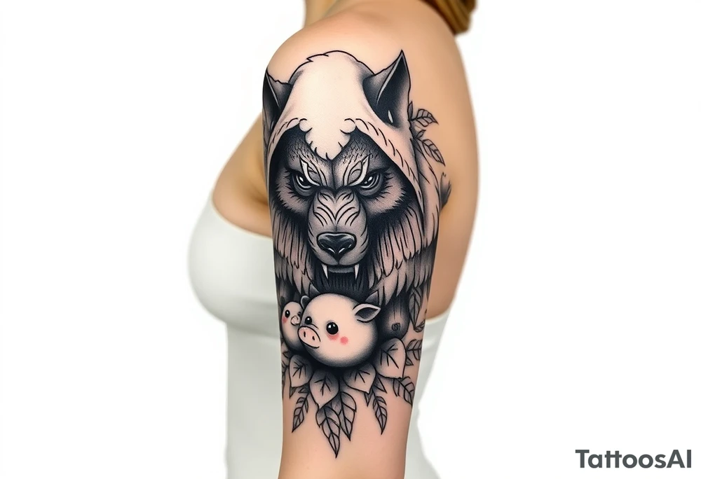 Big bad wolf nursery rhyme wearing a sheep costume with sheep head as hood and eat the three little pigs and little red riding hood in the woods tattoo idea