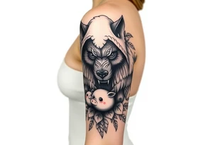 Big bad wolf nursery rhyme wearing a sheep costume with sheep head as hood and eat the three little pigs and little red riding hood in the woods tattoo idea