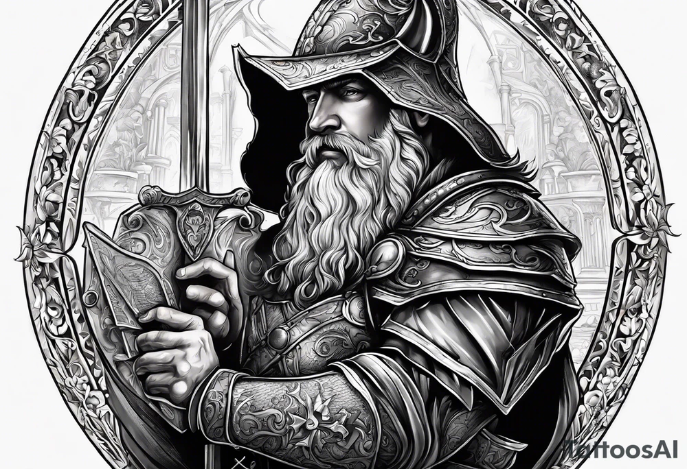a blind man being protected by a knight holding the bible tattoo idea